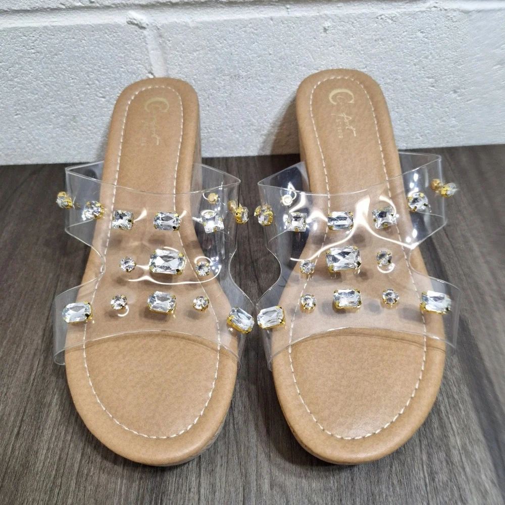 Comfort Women's Size 9M Tan Clear PVC Straps Rhinestones Cork Wedge Sandals